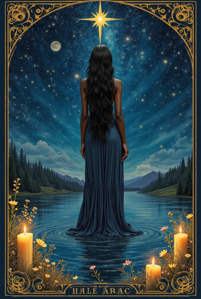 the star ( tarot card) a black-skinned woman with long, straight hair standing above the water of a lake, It's nighttime with the sky full of stars. Around it are beautiful meadows and candles as a source of light