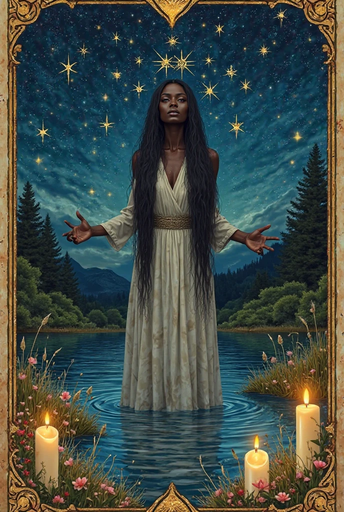 the star ( tarot card) a black-skinned woman with long, straight hair standing above the water of a lake, It's nighttime with the sky full of stars. Around it are beautiful meadows and candles as a source of light