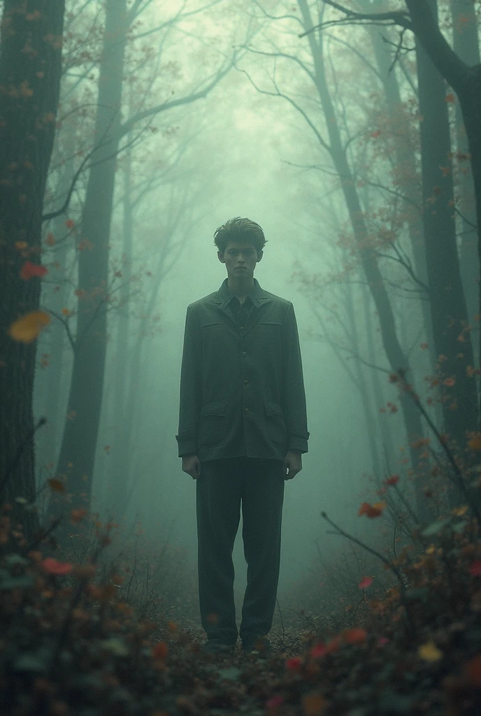 A dense, overgrown garden, once bathed in sunlight, is now shrouded in a thick, swirling fog. The air is damp and still, the only sound the occasional rustle of leaves or the distant hoot of an owl.
In the heart of this misty labyrinth stands a teenage boy, his sandy brown hair a beacon of color against the greyscale world. The teenager man with a bright mop of unruly, sandy brown hair, He is wearing a crisp, school uniform with a white shirt and a black tie, pristine and pressed, seems out of place in this wild, untamed setting.
