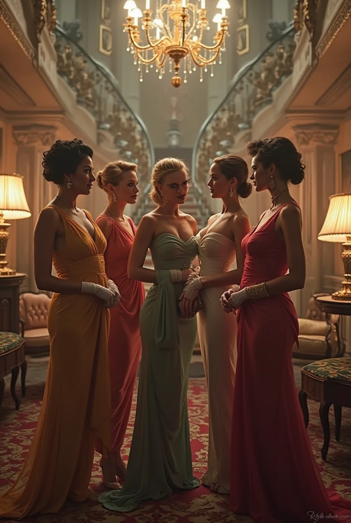Uma imagem de uma estrela vintage cativante, vestido com um luxuoso vestido dos anos 1950, mingling with other glamorous guests at a classic Hollywood party. The photo is rendered with a limited color palette, evoking the allure of old Hollywood film sets and red carpet events.