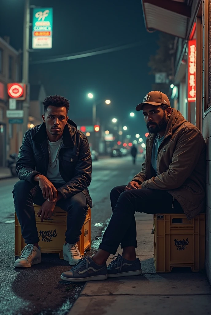 Know (18) has black curls, wears a white T-shirt, black jogging pants, white Air Force One shoes and a silver/blue watch on the left hand.
Dominik (17) has brown, forward styled hair, wears a black sweater, black pants, white Yeezys and a silver/blue watch on left arm.
The two friends sit on benches by a campfire, in which grilled meat is fried. Meanwhile, both drink alcohol and smoke cigarettes. Cigarette packets can also be seen in the area, lying on the benches, as well as some alcoholic beverages such as beer, Wine and also high-proof alcohol such as Jägermeister and vodka. and they listen to music on a JBL music box.