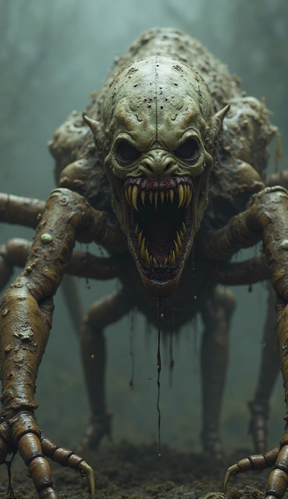 Horror movie photos,Full body image,Super huge,Spider Demon,The face is ugly like a cow's.,Six legs,Eyes6t,Red eyes 、Shallow depth of field, Vignette, Very detailed, High budget, Bokeh, CinemaScope, Sulky, amazing, nice, Film Grain, Creepy, Anxious, dark, Creepyな, Suspenseful, strict, Very detailed 情報