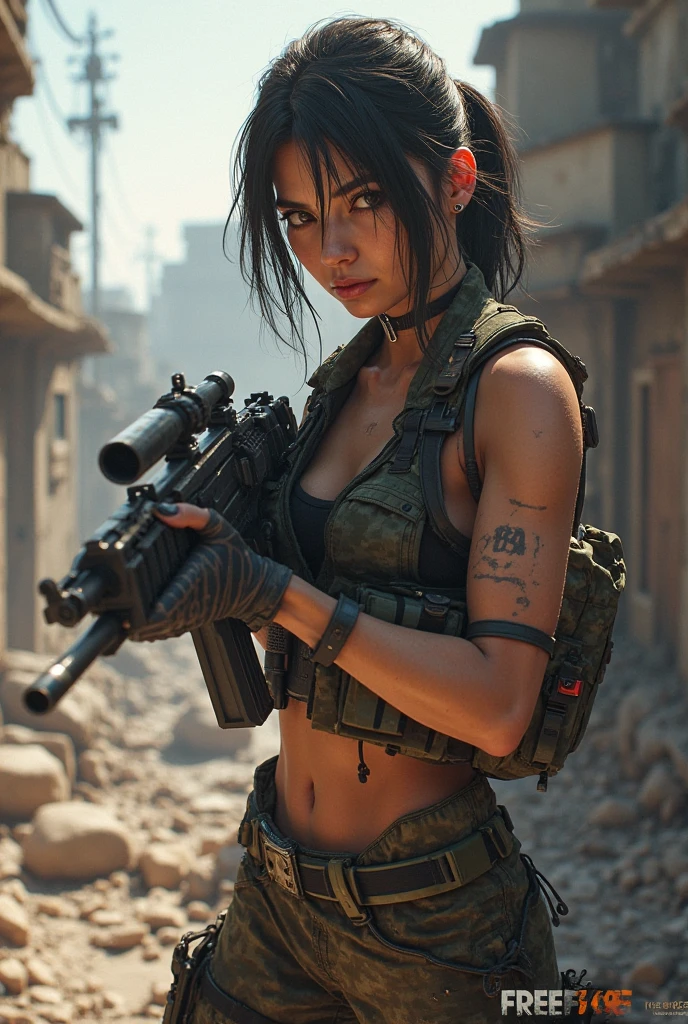 A hot toxic girl holding m416 gun with toxic printed on his chest and 03 on his shoulder in infected area .