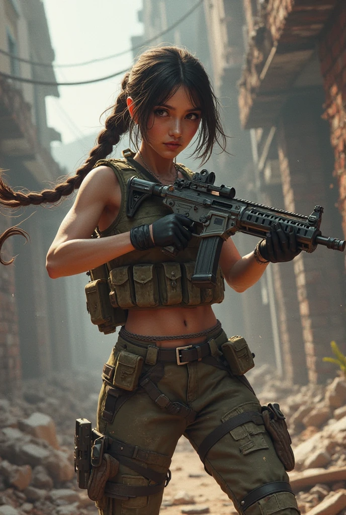 military girl, brown ponytail, black tshirt, baggy military camo pants, slim waist, best quality, indoor shooting range, practice, holding m4a1, sweating, after training, looking at viewer,