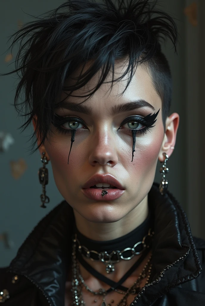 ((best quality: 1.5)) ((masterpiece)), intricate details, soft focus, professional, real life, realistic representation of the face, dim volumetric lighting, dynamic pose, in the style of realistic and hyper detailed renderings BREAK (detailed 20 year old woman, (((blackout gothic eye makeup, (portrait, cheekbones, thick), black lips, pointed chin, angry, from below:1.2), clear green eyes, short curly [blonde hair:white hair:0.3], Victorian green chinoiserie gold dress, high collar, film grain, bokeh, black background, dark empty room, golden hour), emerald, nose piercing, determined expression), freckles:0.8), photorealistic, hyper-realistic, 8K