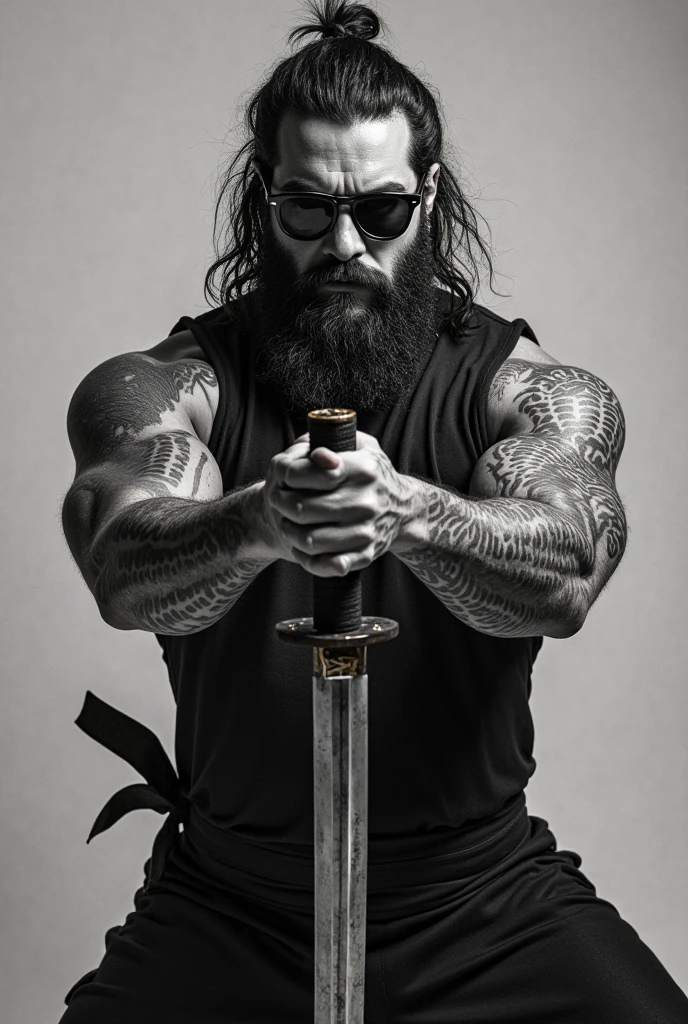 1boy, abs, beard, facial_hair, greyscale, long_hair, male_focus, manly, monochrome, muscular, muscular_female, , old, old_man, pectorals, polearm, ribs, scar, solo, staff, topless_male, veins, wavy_hair, weapon, white_background,best qualityer,delicated,超高分辨率,highly detailed,Complicated details,8K分辨率,Good balance,symmetriced face,professional photoshooting,Realistic photos,photorealistic art