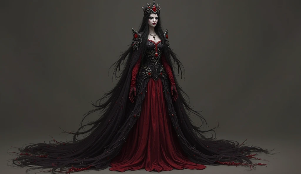 High Resolution, Long Hair, Simple background, Red Eyes, Pointy Ears,Best Quality, Masterpiece, Anatomically Correct, Super Detailed, Earrings, Red Eyes, Jewelry, Hair Ornament, Crown, Tiara, Illustration, Anime, Anime Style, Vampire, Elegant, Elegant clothing, Fancy clothes, Fancy, Royal, Royal clothes, Black clothes, Gothic clothes, crown, elegant hair, elegant makeup, Serious, hide hands, headshot