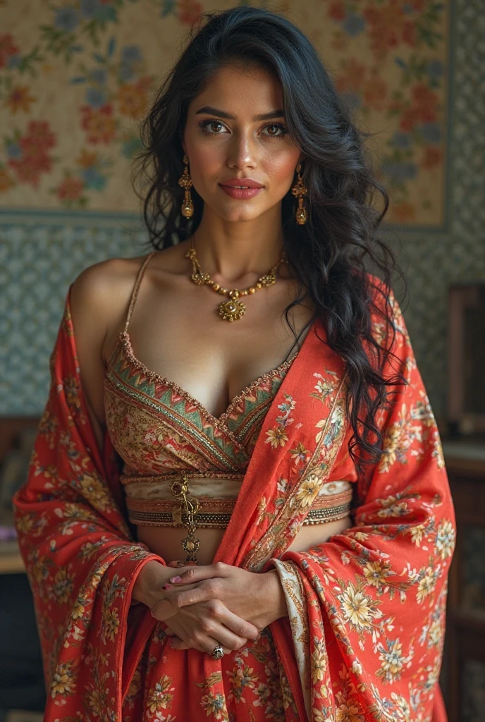 arafed woman with large breast in a colorful dress sitting on a stone structure, traditional beauty, beautiful oriental woman, karol bak uhd, with beautiful exotic, beautiful goddess, beautiful digital artwork, jaw-dropping beauty, by Rudy Siswanto, beautiful model, 8k)), beautiful woman, wearing ornate clothing, a beautiful fantasy empress, stunning woman, beautiful asian girl, masterpiece, best quality:1.2),,(8k,highres,RAW photo,realistic,photo-realistic:1.3),(detailed skin texture,detailed cloth texture,beautiful detailed face:1.25),professional lighting,photon mapping,beautiful soft light,radiosity,physically-based rendering,raytracing, model shoot style, model shoot style, (extremely detailed CG unity 8k wallpaper), full shot body photo of the most beautiful artwork in the world