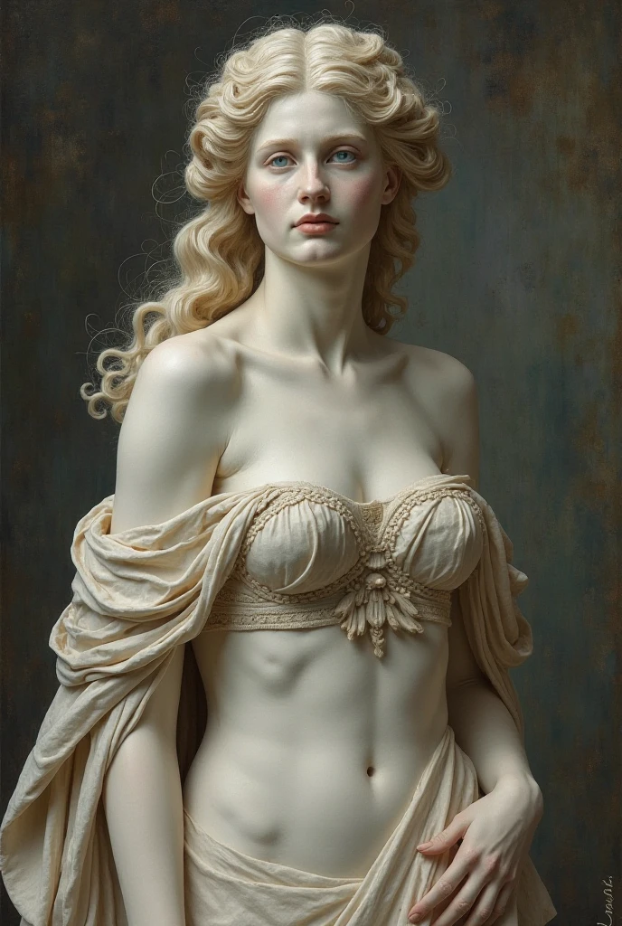 Naked pale skin Bryce Dallas Howard standing on a pedestal, long braided blonde hair, curvy body, like a statue, white toga