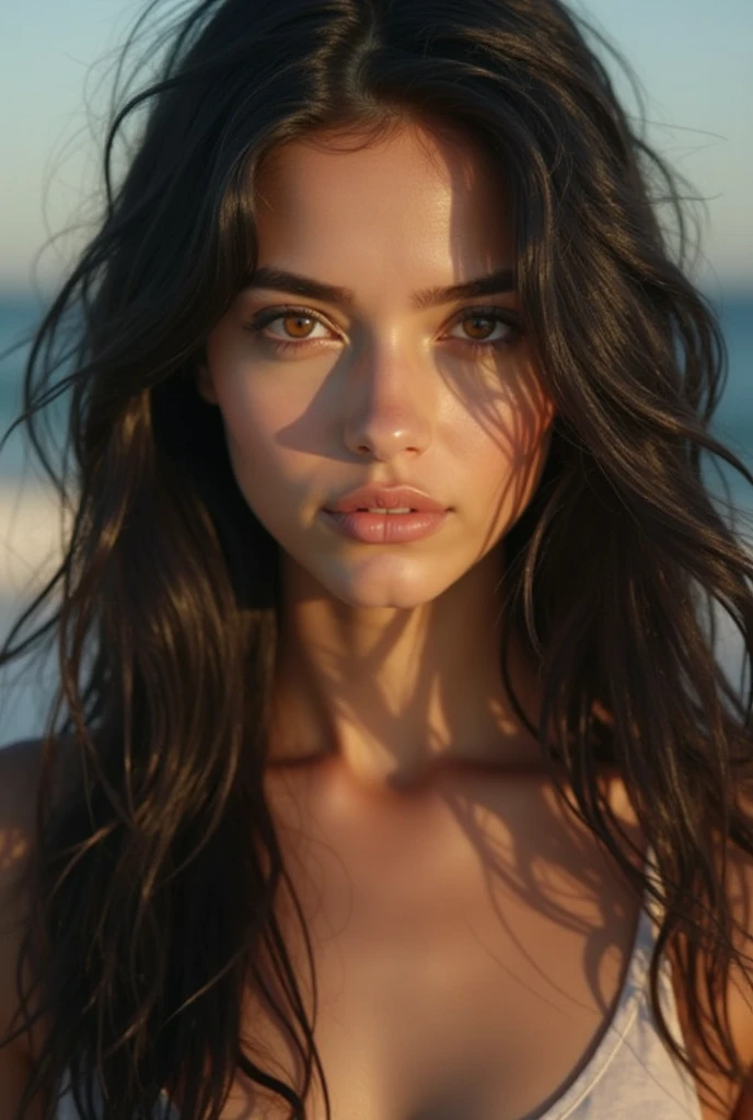 photo realistic, ultra realistic, masterpiece, best quality, highres, absurdres, hot european woman, long black and straight hair, elegant perfect hair, (30 years old, hazel eyes, hourglass figure, perfect fit body, natural big breasts), femme fatale, detailed face, detailed eyes, flirtatious eyes, beautiful long eyelashes, detailled lips, seductive smile, lips slightly parted, wearing a light blue bikini, in the water at the beach, wet skin, close-up, extreme close-up