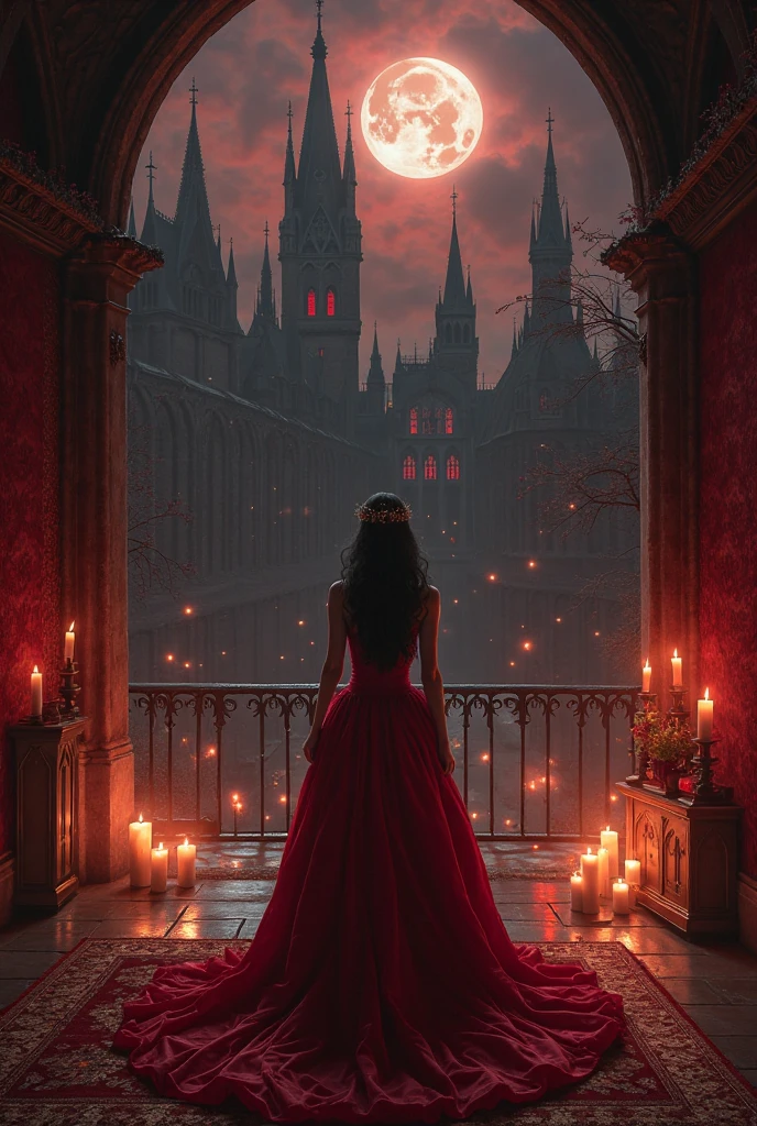 Gothic city of the vampire, (red, lack and silver color scheme), Red full moon), Necro, Face that is, It's a testament to its haunting beauty and creepiness, A testament to civilization's deep reverence for death and the afterlife. Its architecture incorporates a dark aesthetic, intricate designs, And the mystery of the afterlife. Below is a visual description: Cityscape: As you approach the Gothic Vampire Necropolis City, You will be greeted by a sprawling metropolis shrouded in eternal twilight. Dark ash clouds loom overhead, Face that is, It casts an ethereal glow on the pale and translucent buildings of the city. Cityscape in a desolate landscape, Towering spires, Ornate arches, Complex bridges spanning gaps between buildings. architecture: The building itself, It is a mixture of Gothic, vampire and necromancy styles. turrets, minaret, Buttresses adorn the structure, Reach for the sky like a skeleton's fingers. These structures are mainly made of darkness, emissive material,It seems to absorb and emit a dim glow, otherworldly glow. The architecture combines grandeur and melancholy, It reflects the duality of the relationship between the dead and the dead. Mausoleum-style mansion: The dwellings of the city resemble mausoleums, Sculpture depicting an arched entrance and death scene, Leutentic, And cosmic energy. Balconies and terraces are decorated with stone carvings,It seems to come to life in the ever-changing twilight, Cast eerie shadows on the street below.(length hair)、(Red Dress Mini Skirt Type)、(Silhouette of a woman with long legs)