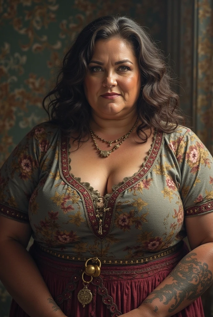 Generate a woman who is 40 years old, overweight, and has a double chin,with dark red hair,with marked and pointy black eyebrows, with dark brown eyes with a lot of black eyeliner and large in the eyes, with a big mouth and outlined in dark brown, with a high, short ponytail on her head and with damaged and dry hair, wearing a short blue robe that is very tight on her body, with tight leggings and black boots, and she has an angry or mean face, with many earrings in her ears and a nose piercing