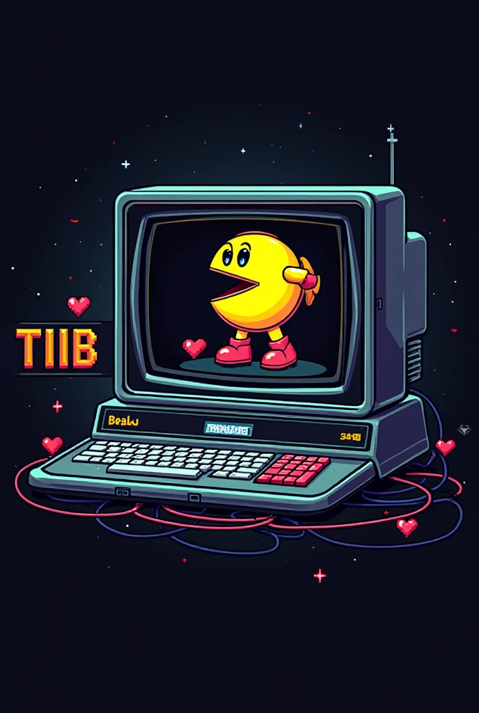 
A retro computer with a CRT tube screen showing off the pacman, as if it were part of a classic arcade game. The character has a simple and expressive look, standing out against the dark background of the computer screen.

Next to or below the monitor, the text “TIIB” appears in a pixelated font in the style of old arcade games.

Three pixelated red hearts are visible near the text or on the screen, symbolizing the "lives" From the gang .

The design must have a nostalgic and retro aesthetic, inspired by old games, style with vibrant colors and a touch of glitch or scanline effect on the screen to give arcade-style authenticity.

