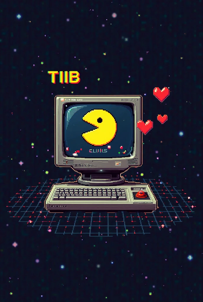 A retro computer with a CRT tube screen showing off the pacman, as if it were part of a classic arcade game. The character has a simple and expressive look, standing out against the dark background of the computer screen.
Next to or below the monitor, the text “TIIB” appears in a pixelated font in the style of old arcade games.
Three pixelated red hearts are visible near the text or on the screen, symbolizing the "lives" From the gang .
The design must have a nostalgic and retro aesthetic, inspired by old games, style with vibrant colors and a touch of glitch or scanline effect on the screen to give arcade-style authenticity.