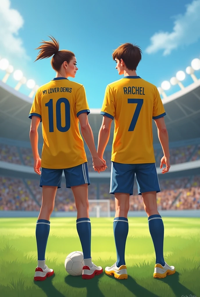 Image of the two football sports uniforms for girls and boys in light beige combined with black, with a Disney print of the Lady and the Tramp and the name "Alice" on the back of one of the uniforms. If you need any adjustment or have any other request, Don't hesitate to tell me.