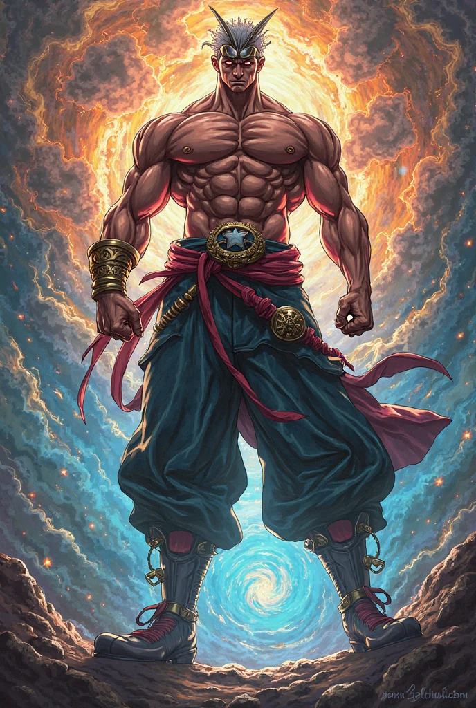 draw the most powerful character in the multiverse his arms and legs are holding the earth his right hand is holding the sun under his feet he is a huge galaxy around him are countless stars universe planet he is wearing a cool jacket with tattoos shirtless 6 pack
He is an anime character with long hair and bangs.

