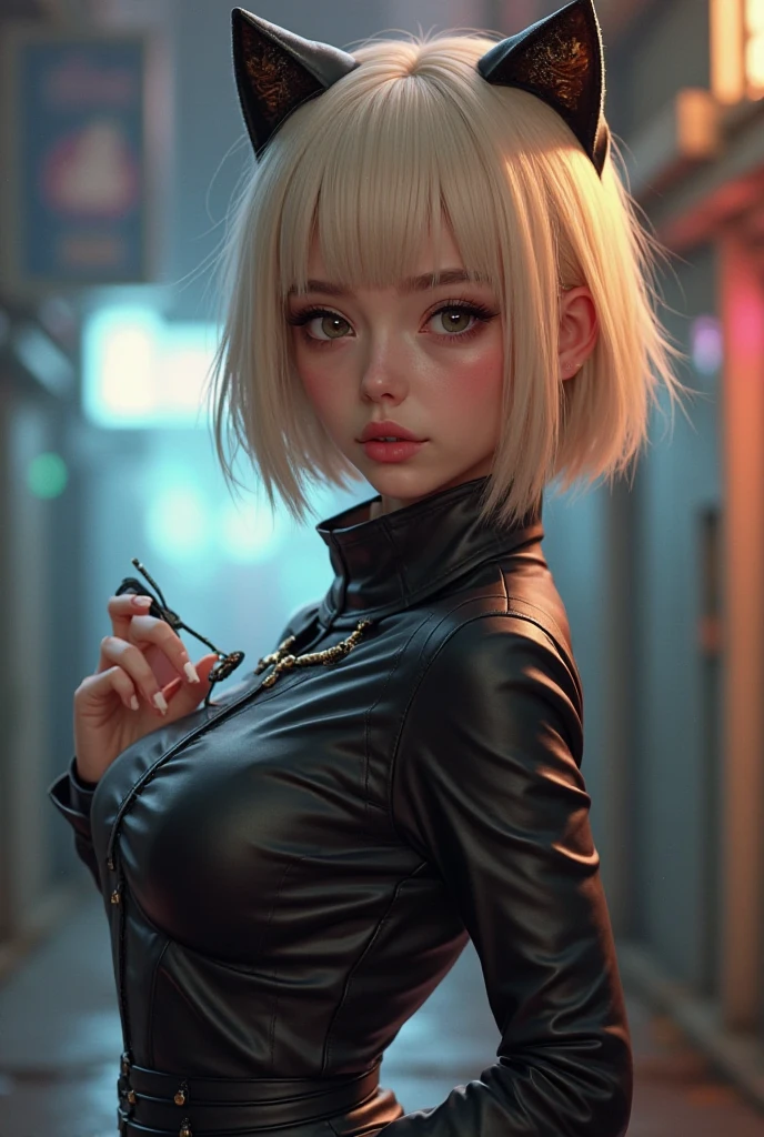 optimum,tmasterpiece,A high resolution,best qualtiy,hyper HD,super detailing,Award-Awarded,16k,独奏,((The upper part of the body)),((Bust)),anatomy correct,Beautiful cyberpunk girl,cute face,,Gradient Beige Hair,topless, Hairline,((Dark golden eyes)),long eyelasher,Hanging eye corners,White skin of the,(small boobs),(Slim body),((Women's super short shawl leather jacket)),((goth style,racing_suit)),(()),ear studs,(Neck strap),(Laser material clothing:1.2)