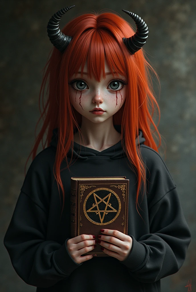a young 9-year-old daughter of severus snape, (best qualityer: 1.0), (super high res: 1.0), 1girl, extremely detailed character, detailed hands, Half-dragon girl, antlers, Dragon horns, Girl with black dragon tail, Black dragon tail, Extremely detailed hair, shorth hair, ((short hair)), ((red dark hair)), ((Black Color Tips)), extremely detailed eyes, eye with different colors, heterochromia, White right eye, Black Green left eye, dragon eyes, 2d, anime art, ((barnet)), ((fully body)), standing on her feet, Mediovale, RPG, small, lowrise, (Small Height), , (adolescent), dead look, grim expression, preoccupied, look of tiredness, long-sleeve shirt, Black jacket, star earrings + offwhite, vestido longo Mediovale + blackw, pantyhose + black + white, high-heels