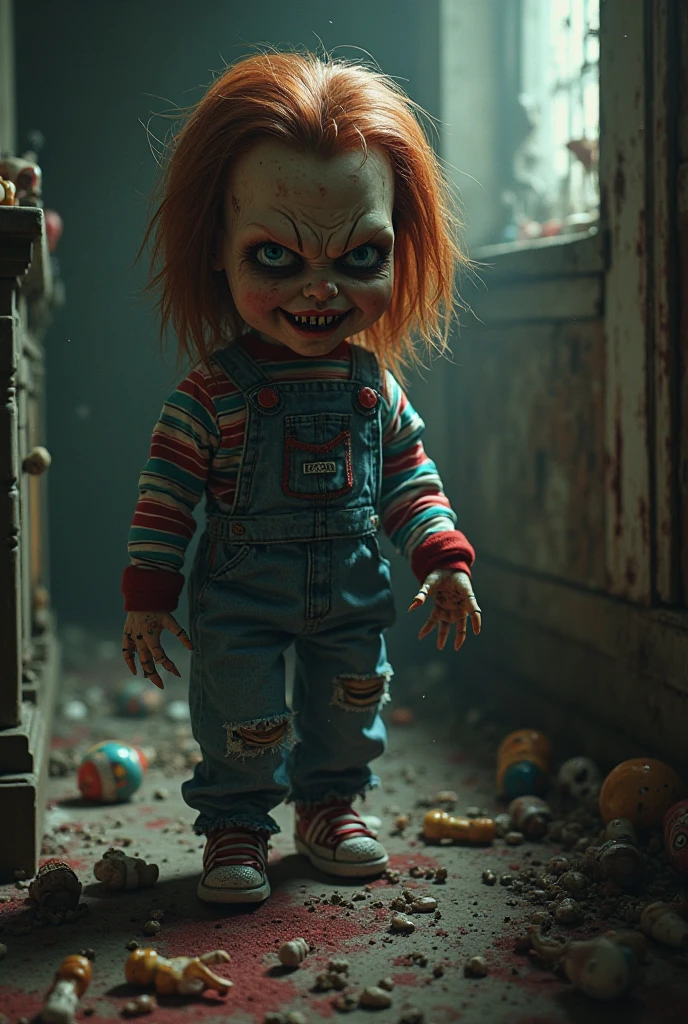 A creepy doll Chucky walking down the hallway of a house, holding a bloody knife, grinning menacingly, hallway with open windows, small framed pictures on the wall, nighttime setting, high detail, realistic, 8k, dark horror atmosphere, sinister, photorealistic, cinematic lighting