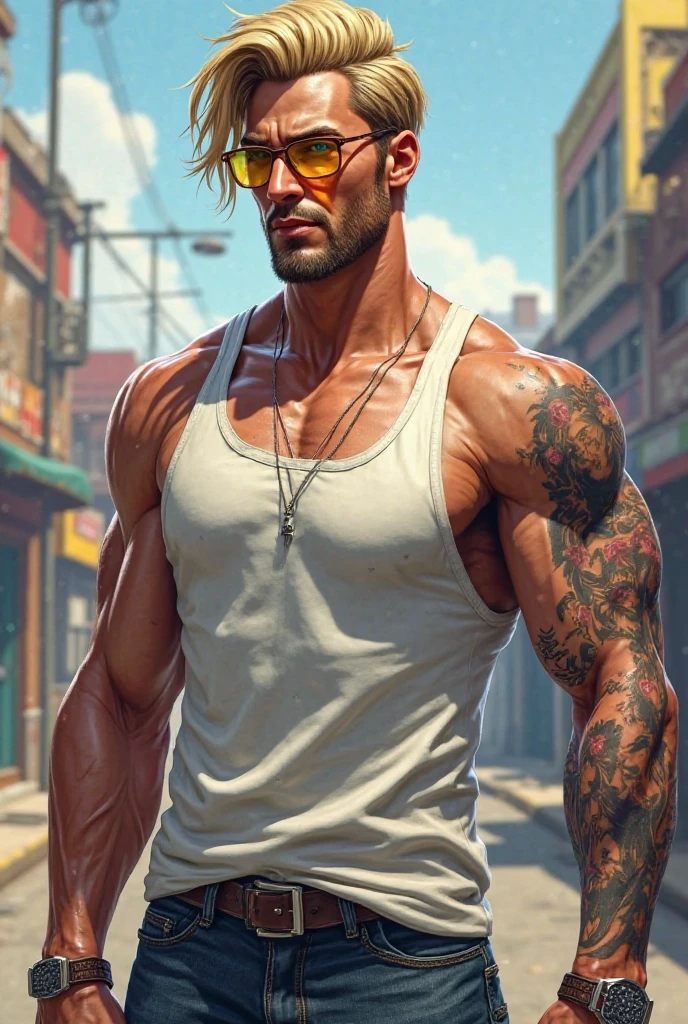 lifelike,(masterpiece,top quality,best quality,official art),Very detailed,rich and colorful,most detailed,God,shorter hair,blonde,Handsome man,Collar,Shirtless,suburbs,Sun Glasses,muscle,Chest muscles,tattoo,Nipple rings