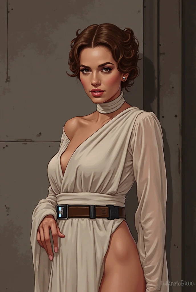 Carrie Fisher as Princess Leia from Star Wars, sheer deep cleavage crimson chiffon cocktail dress with open white cloak over top, double side bun brunette hair, perfect breasts, sexy pose, cloud city, smile