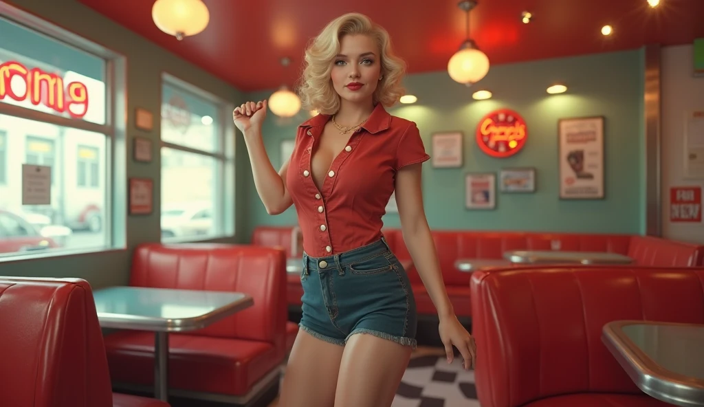 (Best Quality,4k,8k,High resolution,masterpiece:1.2),ultra-detailed,(realist, photo-realist,photo-realist:1.37), ((Best Quality)), ((masterpiece)), (detailed), ((marilyn monroe)), sexy waitress, short and tight, uniform from the 50s, ((whole body)), 50s style hair and makeup, ((50's diner)), ((large breasts and hips)), ((small waist)), ((Figura clásica de chica pin-up with curvas de los años 50 y pestañas largas, Typical American Facial Features of a Teenager.)), linda sonrisa de tarta de queso with hoyuelos, ((flushed, pink cheeks)), ((super mini skirt showing long, shapely legs)), Bobby Parish, well drawn, Perfect eyes, (well drawn hands), perfect teeth, (well drawn ???????) (kitsch), (cinematic lighting)), (cinematic lighting)), (cinematic lighting)), (cinematic lighting)
Traducido with DeepL.with (free version)
