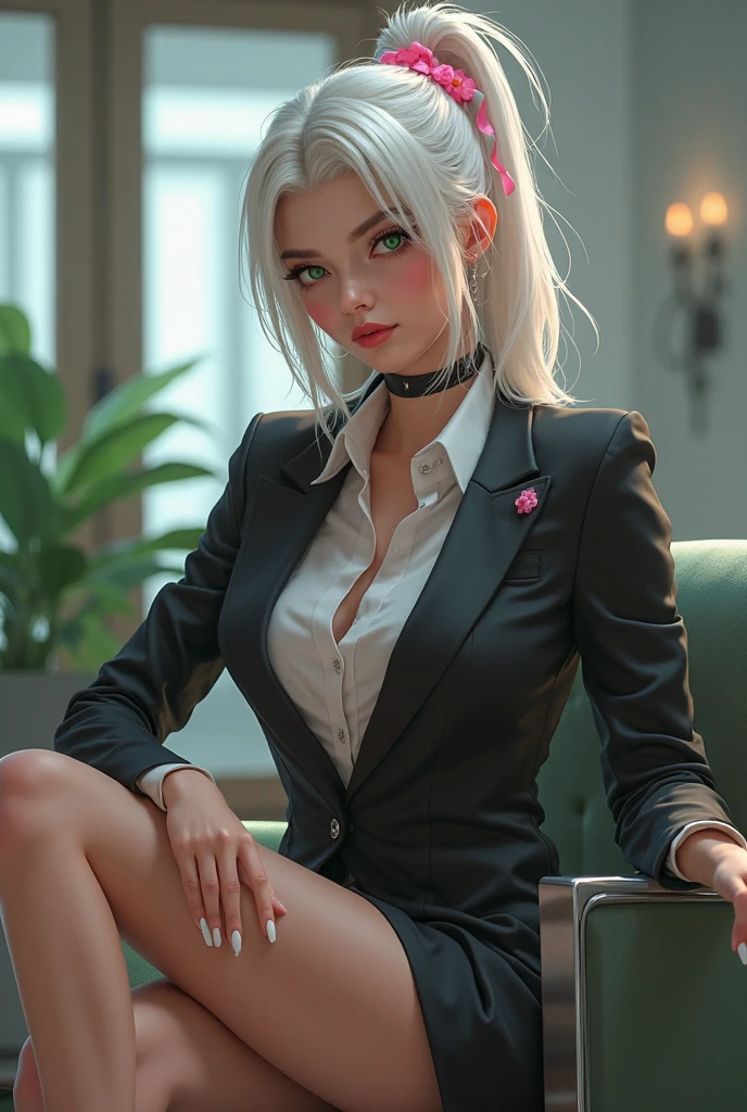 (masterpiece:1.3), (8k, photorealistic, RAW photo, best quality: 1.4), (1girl), beautiful face, (realistic face), Nice hairstyle,Realistic Eyes,Nice detail eyes,(Realistic Skin),Beautiful Skin,Ridiculous,attractive,Ultra high Resolution,an ultra realistic,RAWExtremely detailed,golden proportions, Woman wearing business outfit, formal blazer, white blouse, high waist business skirt, sheer pantyhose, beautiful, masterpiece, best quality, perfect lighting, (white hair:1.4), long hair, (grey eyes:1.2), slender build, thin, medium breasts, business woman, ceo, sitting in luxurious black office chair, giant modern window with view of dusk cyberpunk city skyline in background, close up, dusk, (cyberpunk city background:1.3), (Hazy sky:1.2), (Dim red sun:1.3), eyelashes, dark eyeliner, cyberpunk