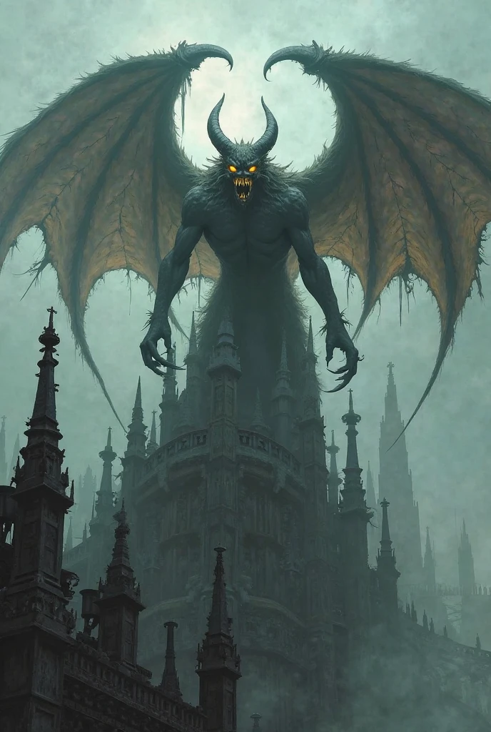 arafed image of a painting of a demon flying over a city, dark fantasy artwork, just art for dark metal music, dark fantasy horror art, dark fantasy art, an ominous fantasy illustration, dark fantasy oil painting, fantasy horror art, the angel of death, dark soul concept art, gothic fantasy art, horror fantasy art, dark fantasy concept art