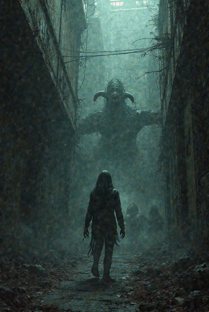 An old, dilapidated village surrounded by dense trees. A fearsome Brahmarakshas, a ghostly figure with ahe Brahmarakshas has a third eye on its forehead, fiery aura, and long, sharp claws reaching out towards its victim. Lafgh