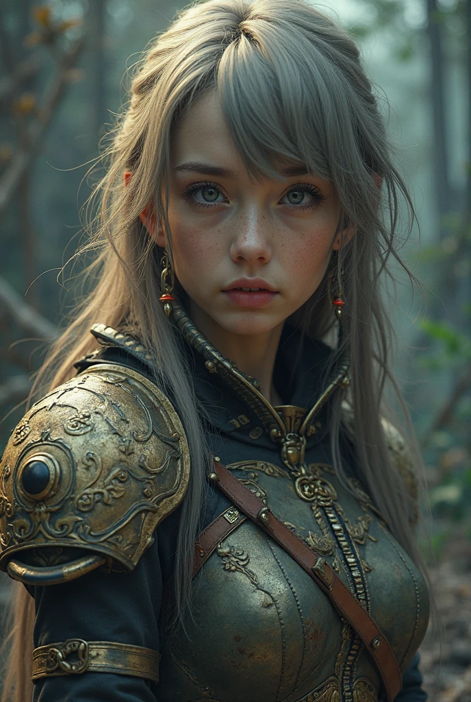 a woman with long hair and a helmet on stands in a large group of soldiers, biopunk environment, inspired by Nína Tryggvadóttir, face paint, still image from the movie, dark runes, eerie moorlands behind her, aloy, infp young woman, subtle makeup, grey aliens, this character has cryokinesis --auto --s2