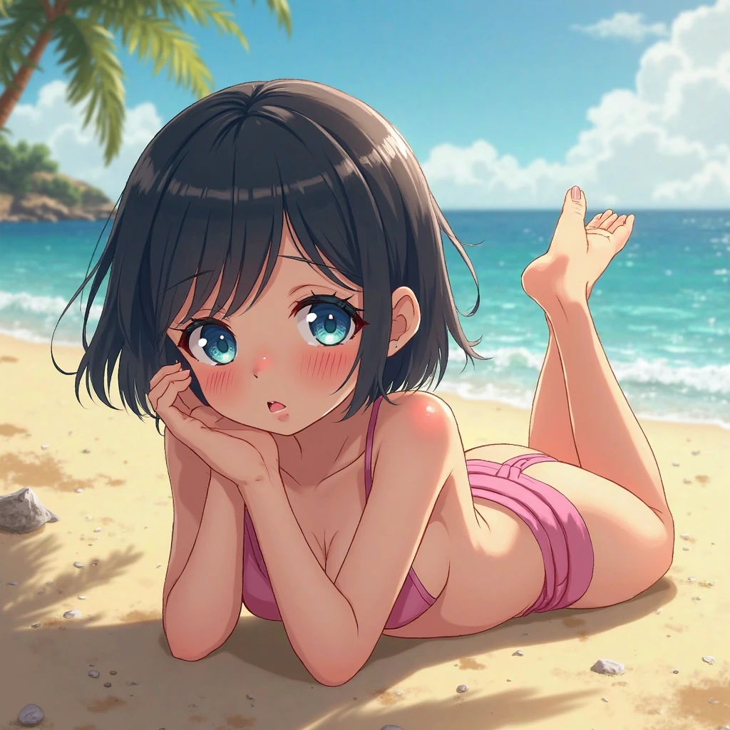 (High resolution:1.3), (16K, Realistic, RAW Photos, Best image quality: 1.4), (flat chest:1.5)、Bobcutの日本の可愛い,smile,hairpin,Lying down、Bobcut、Put your whole body into it、Charm, 超High resolution,Attention to detail, Golden Ratio,Natural body、round face,Highest quality,very small flat chest:1.5、(Realistic Skin), Beautiful skins, Shyly、Colorful cute swimsuits、a sunny day、Cute pose、Seaside、Sandy Beach