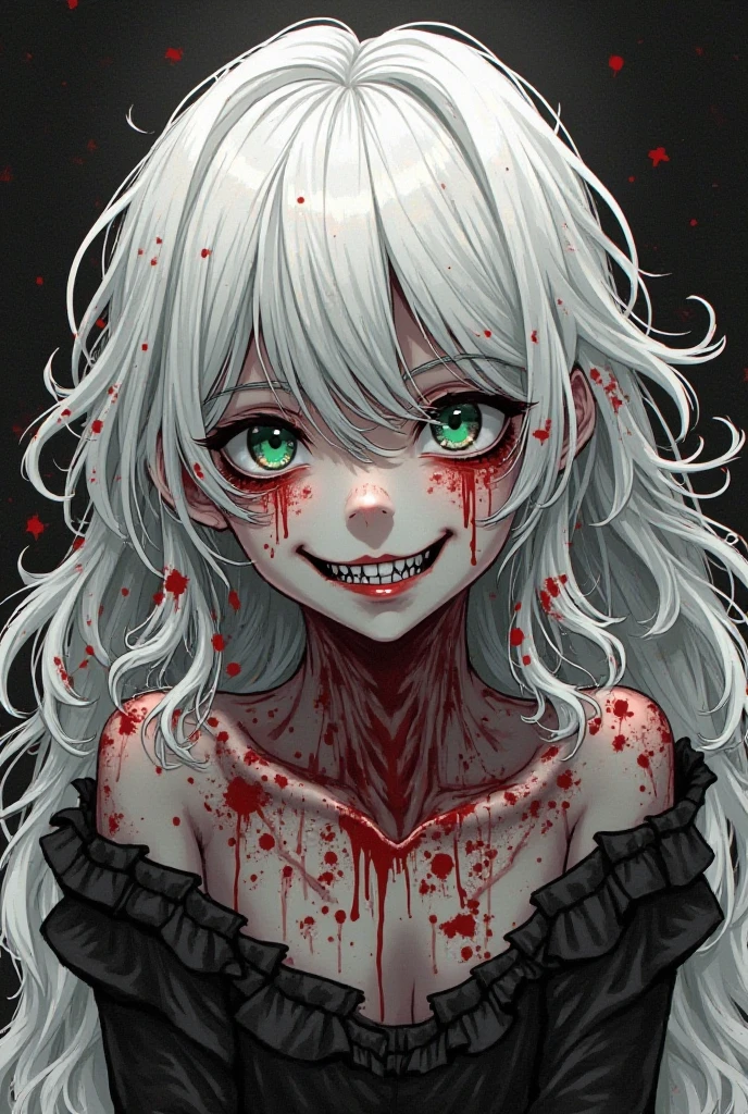(((Nsfw, Vulgar))),wet-on-wet oil painting depicting a dark angel, a semi-realistic full body portrait, blood on the angel face,, red eyes, gorgeous painting, breathtaking, semirealistic, beautiful colors, evil, beautiful red eyes, detailed textures, massive blackdark feathers, blood, white hair, evil grin, evil smile