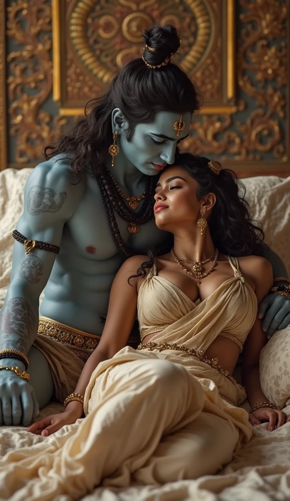 Highly detailed image, lord shiva with his penis, penetrating goddess from behind, squeezing breast, his snake is coming out between her legs touching her  vagina front facing sexy bent  goddess semi nude bending forward kali mata is sweaty with her tounge out, ten arms, shiv ling and asur  heads in each hands, in trance, big boobs hanging down jiggling 