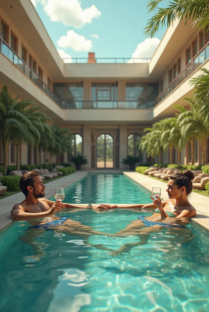 "A couple relaxing by a luxurious villa pool surrounded by lush greenery, smiles on their faces. Natural light, 50mm lens, soft focus."