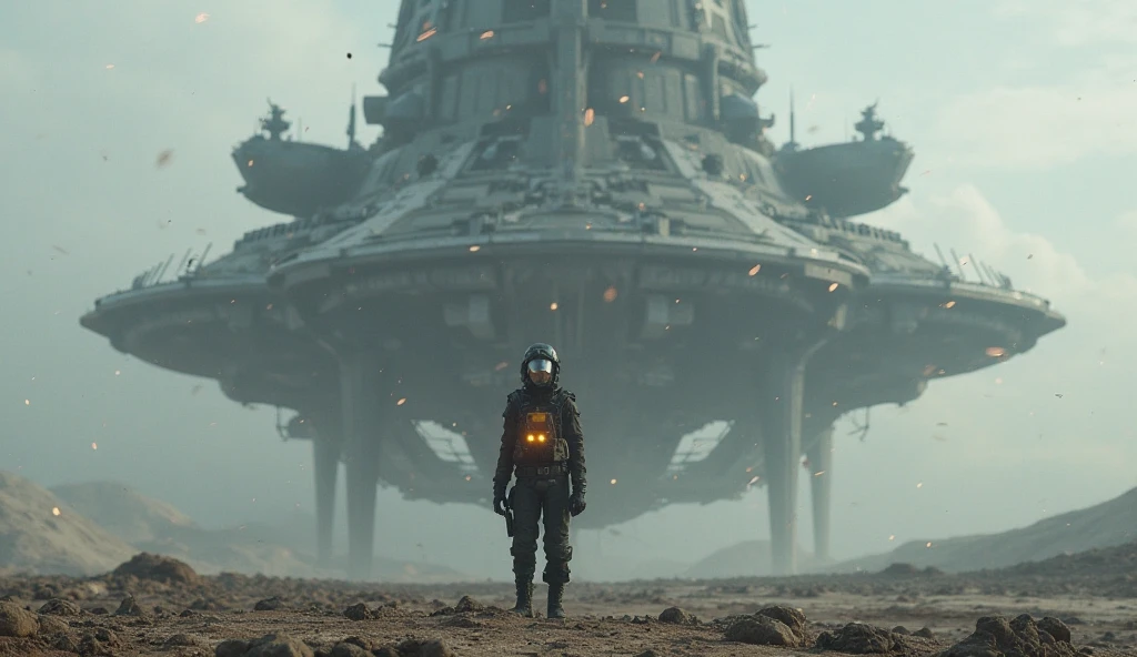 Giant spaceship in the background very detailed 4k, a character with a helmet and lights looking desolate, In the air you can see particles like in the game Dead Stranding