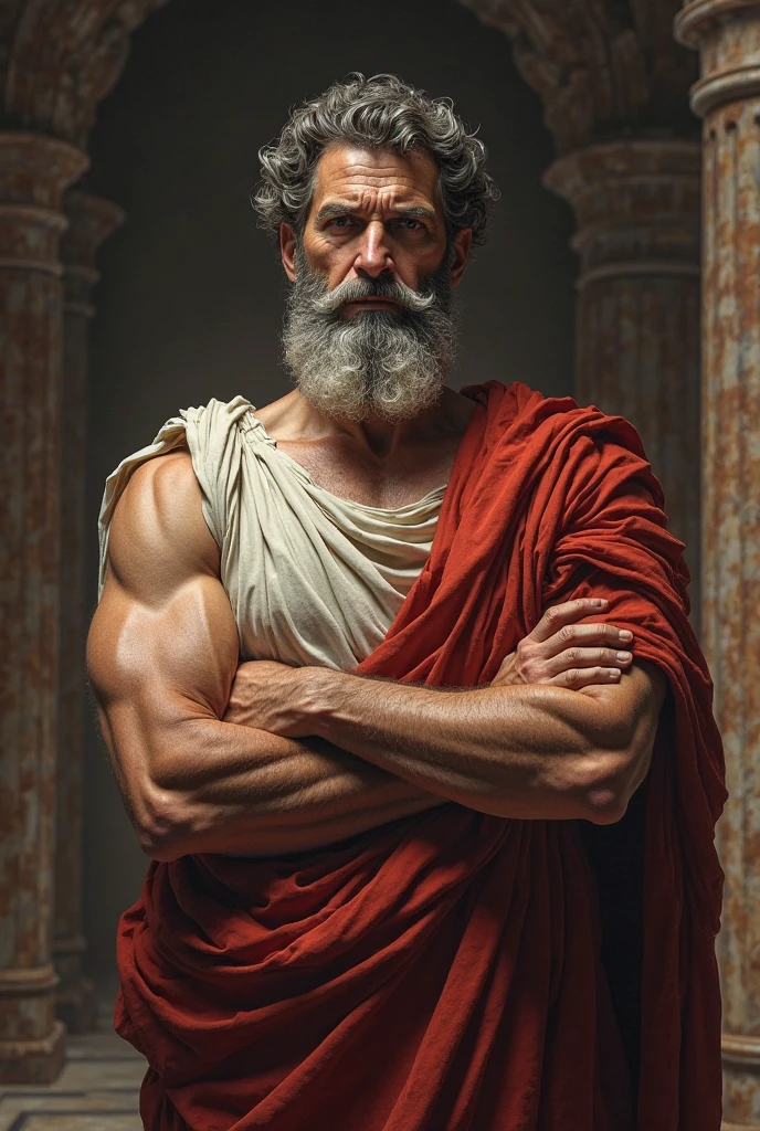 handsome man in his 40s with long gray hair and beard, he is naked, wearing some details of ancient Greek style clothing, gay man, photo shoot, god gredo