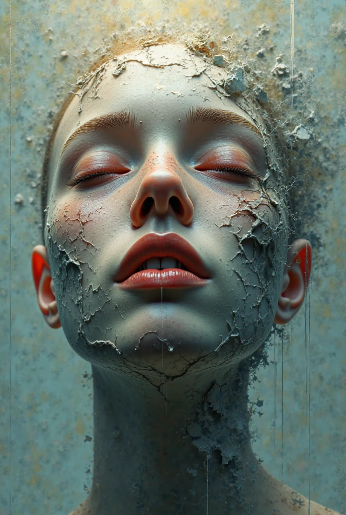 I am she who is trapped in a surreal painting where only my face is seen in 3D with feelings of sadness from many accumulated lives. A lot of depth of field highlights my face marked by other lives but the lighting varies. There is no specific one but the reality that is seen is impressive. Every detail is perfectly done. . The message I want to convey is that there are other realities, very real, detailed 3D, of this reality with lies. , 48k use the rule of thirds bright colors fantastic expression use only dark colors don't use flowers use something else