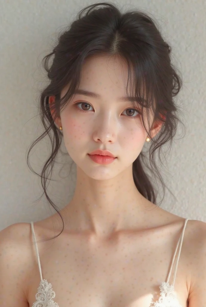 "Exquisite facial details with defined pink lipstick, perfect nose, and beautifully applied makeup including rouge, eyeshadow, and lipstick, showcasing a stunning face."