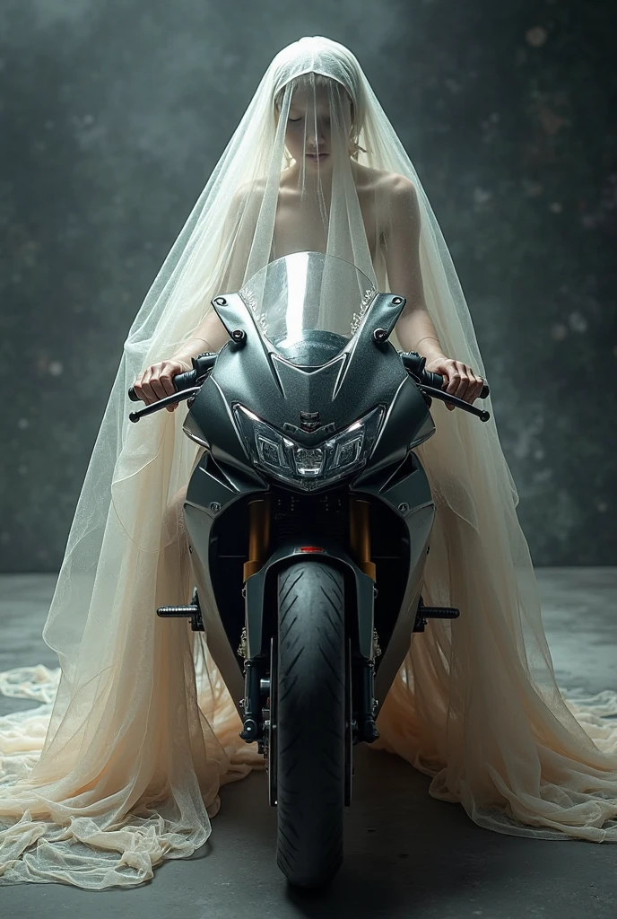 A beautiful girl with full covered modern helmet with not showing face standing near ah super bike on road with frock