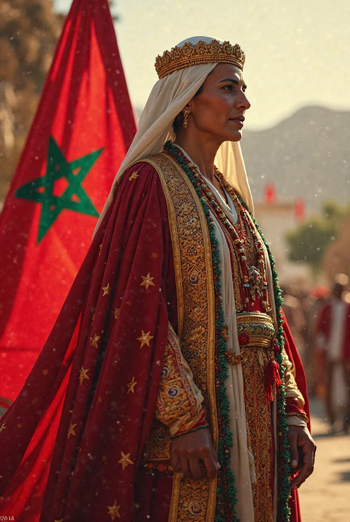 Morocco as a marrakesh League of Legend sand creature in bright red with a palm green morocco five-pointed star. Intricated clothing. Cinematic Fantasy sci-fi landscape background