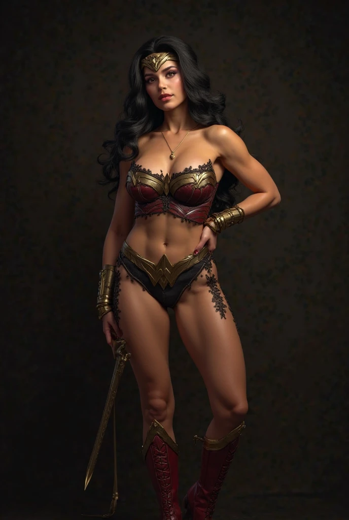 Very sexy picture, a girl, full body,
Gal Gadot playing the city vampirella
, full body picture, very beautiful face, seductive eyes, charming smile, her huge breasts as big as a watermelon, super big hips and ass, bikini uniform, Delicate face, rich environmental content, two legs plump and slender to seduce man, no shoes, legs apart, thong, outline clear camel toes, 1girl, beautiful girl, wonder woman, skirt, hanging, full body, (close eyes:1.3, weak, powerless, sleep), bruises body, (((shackles)), ((shackles and arms up, chain leads, metal collar, wrists tied)), bondage, slavery, restraint, (basemend wall backgroun, dirty, dark, creepy), best quality, masterpiece, arms up, comic style, cartoon source ,high quality painting, 8K,