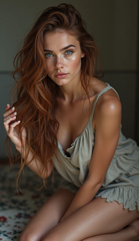 In a serene bedroom setting, a young woman with porcelain white skin and fiery red hair exudes a shy and kind aura. Her Norwegian features add an exotic touch to her beauty. Captured with a Sony A1 and an 85mm F/1.4 lens, ISO 100, medium format, 45 megapixels, the photo balances flash and natural sunlight to showcase her unique charm.
