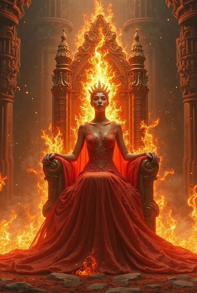 (best quality), (best detail), (best resolution), (realistic), (red and gold theme), the lava maiden in her molten lair, on a throne of obsidian crystal, dressed in royal red and gold,  <lora:ral-lava:0.7> ral-lava