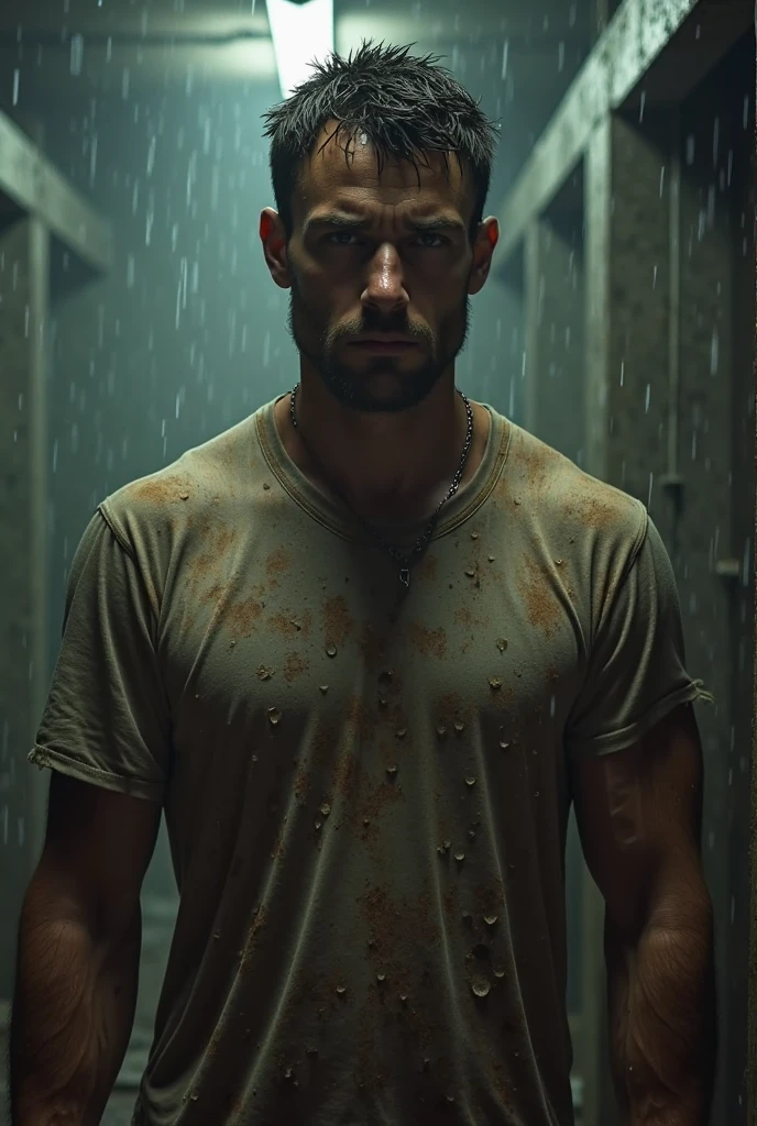 a man looking at a broken bathroom mirror while sad and angry, dramatic lighting, cinematic, moody colors, realistic, photorealistic, 8k, highly detailed, masterpiece, dramatic shadows, emotional expression, shattered glass, water droplets, steam, grungy, album cover, white t-shirt, hide hands