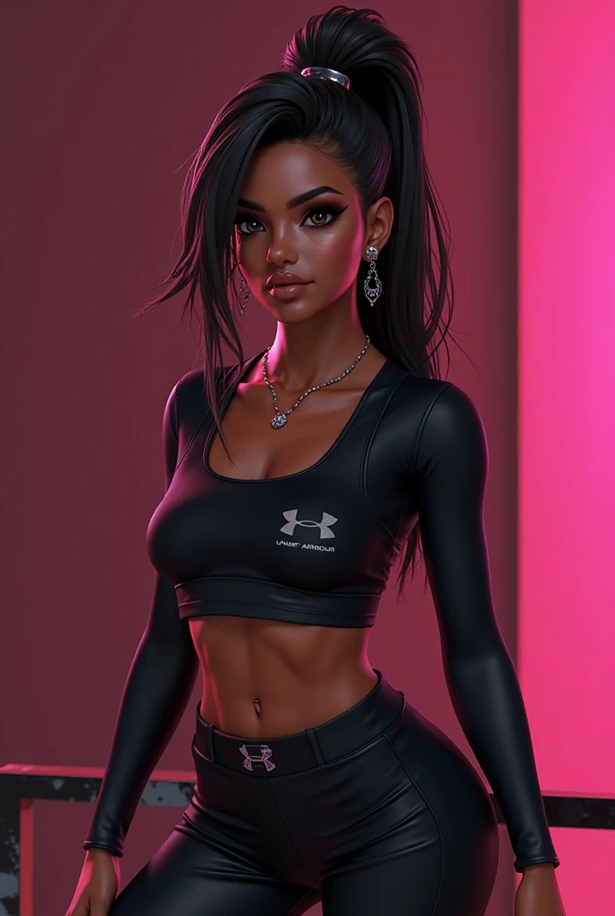 1 beautiful black woman, Extremely thin, symmetrical body, fully corporeal, sensualizing with her mouth, with black hair with freckles, pink blush and tattoos wearing knee-high socks and a short miniskirt, sitting in a pink gaming chair, holding a controller PS5 high quality image, perfect symmetry, vibrant and clear, top quality details and definition, 1200 PPI – Photographic resolution with greater central realism, hyper-realistic and cinematic 16K UHD image resolution of high fidelity.