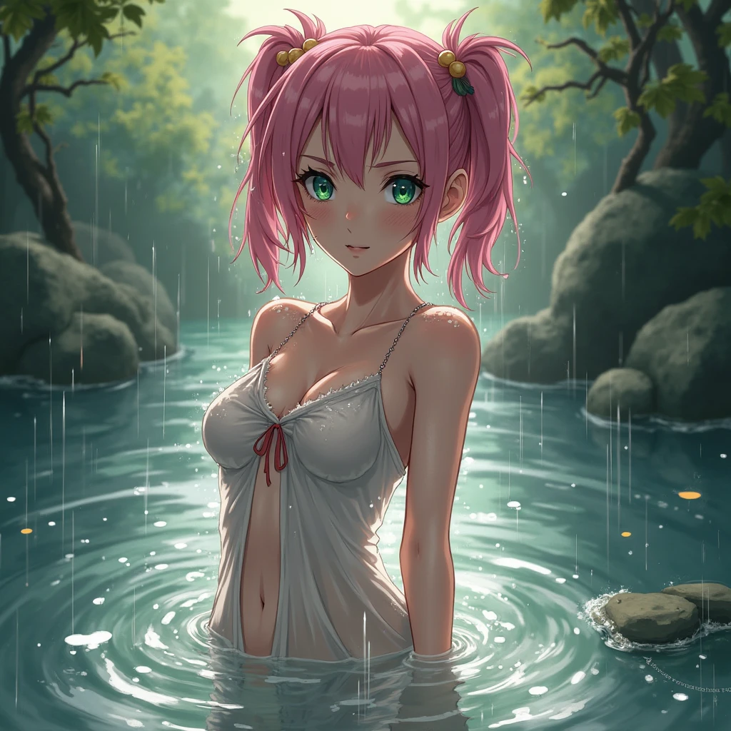 Magazine cover(masterpiece, best quality:1.2),woman，（（（The eyes are delicate）））（（Wet clothes）），Pink underwear，outdoor，rain（8K）（HD）