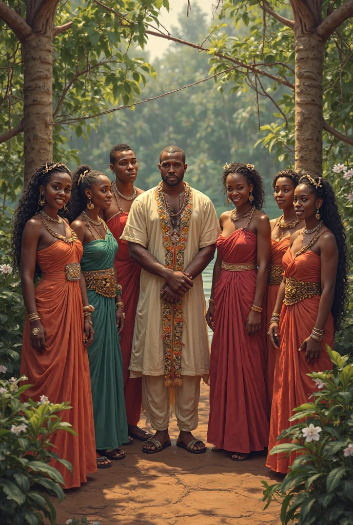 A black woman in a yellow dress, a black man dressed in white, a black man dressed in green and a black man covered in straw clothes up to his head at a waterfall