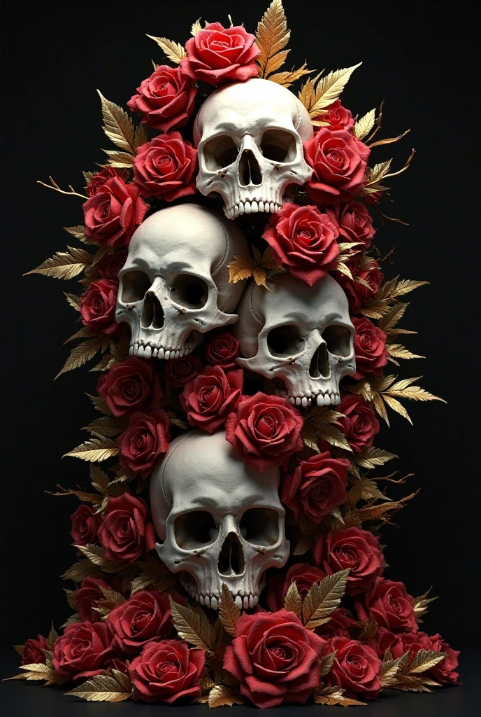 there is a skull and a bunch of red roses on a black background, skull made of red roses, skull bones flowers, translucent roses ornate, morphing skulls, by Anna Füssli, red neon roses, sacred skulls, by Serge Sudeikin, adorned with demon skulls, crown of roses, by Galen Dara, skulls around, sacred skull