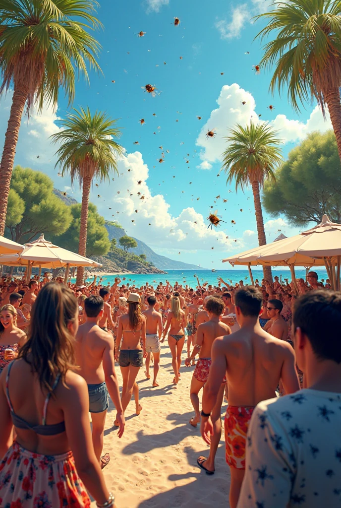 A beach with lots of people dancing and happy with lots of money flying around

