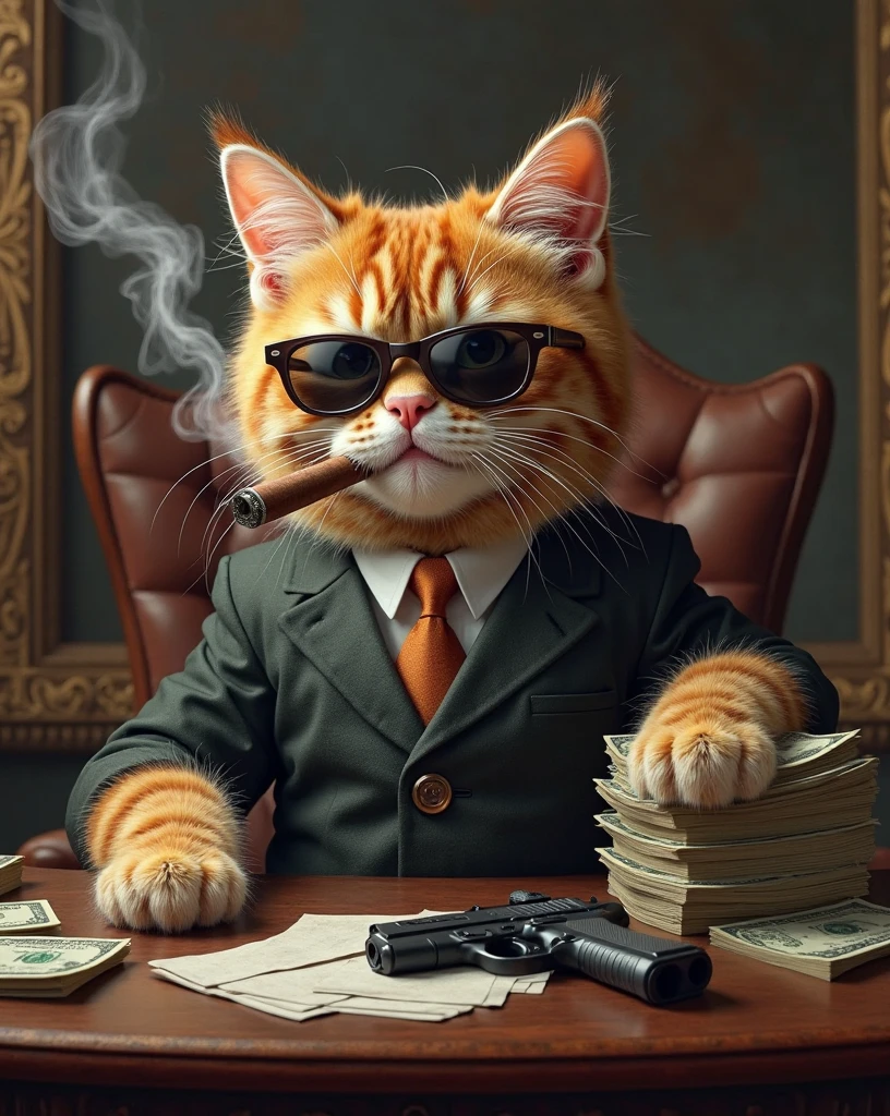 A greedy, furry, kitten, Looking confident and satisfied, showing human like greed, wearing a formal tie, and sunglasses, sitting on a antique mahogany desk, smoking a big smoky cigar, stacks of of money, pistol on desk, paw on pistol, smoke-filled room, stately cat painting, moody lighting, depth of field, detailed textures, (Masterpiece, high resolution), hyperrealism, 